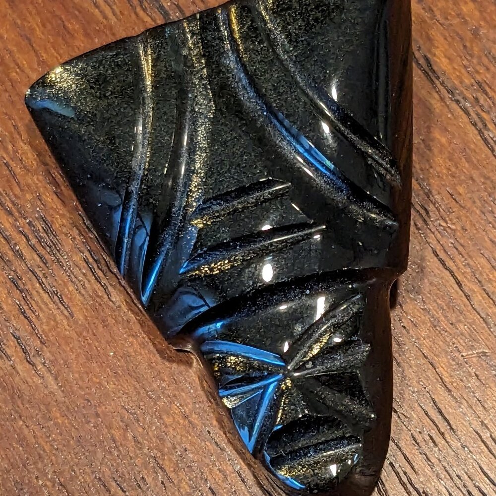 Vintage Mexican Gold Sheen Obsidian Carved Brooch | Tribal Mask Aztec Folk Art